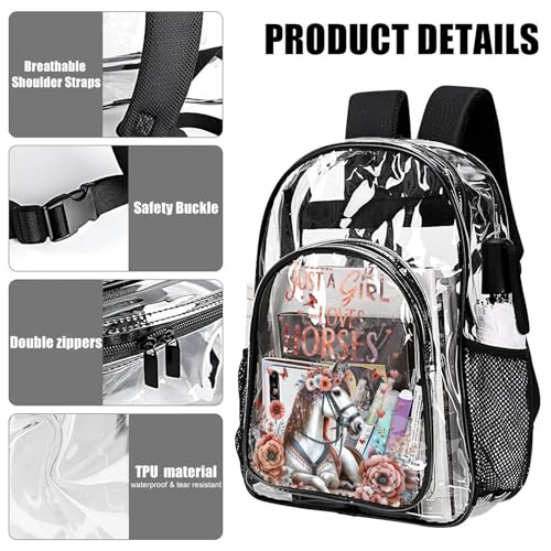 Horse Clear Backpack Heavy Duty for Girls Kids Boys Women Men - Large Cute PVC Horses Theme Printing Transparent Backpacks for Schools Stadium Concerts Work - Clear/Black4