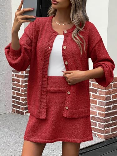 Image of Tankaneo 2 Piece Sweater Sets for Women Long Sleeve Cardigan Outfits Mini Skirts Knit Matching Lounge Set