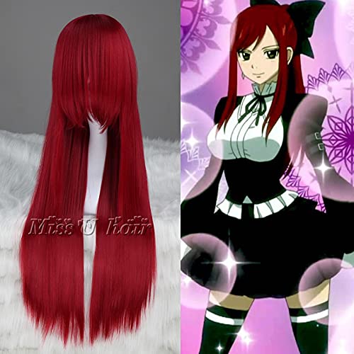 Anime Fairy Tail Erza Scarlet 80Cm Peluca De Cosplay Recta Larga Peluca De Disfraz De Anime Para Mujer Peluca De Pelo Sintético + Gorro De Peluca