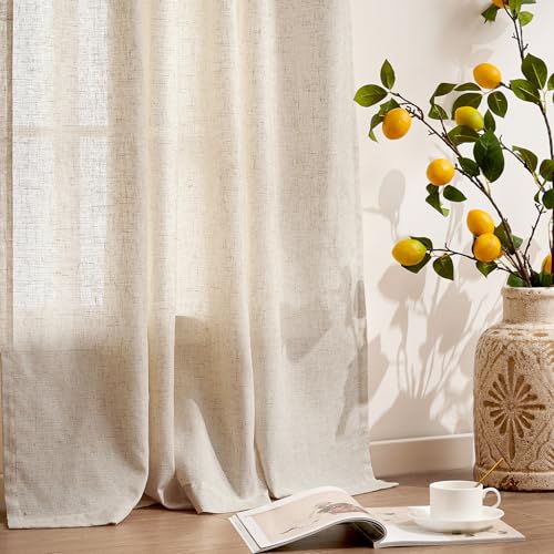 Image of jinchan Linen Curtains Light Filtering Back Tab 50x84 Inch 4 Panels Beige