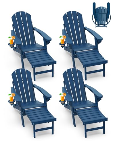 GREENVINES Juego de 4 sillas plegables Adirondack con otomana, de plástico HDPE para todo tipo de clima, con portavasos y reposapiés para hoguera, terraza, patio, porche al aire libre, césped, azul