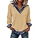 Women's Denim Collar Long Sleeve Shirts Patchwork Long Sleeve Cuff Button Sweatshirt Dressy Casual Office Outfits (Apricot,Large)