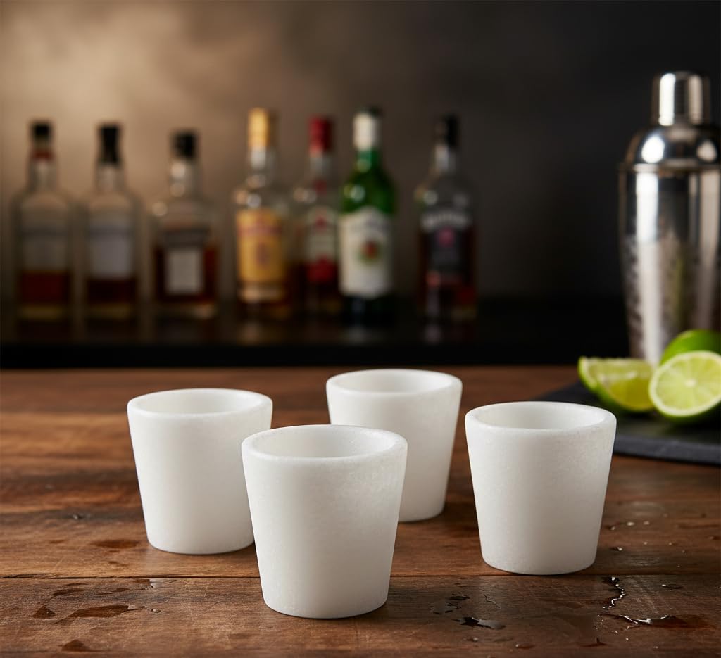 MBSC White Natural Marble Handmade Tequila Shot Glasses 30ml, Set of 4 | Stone Barware for Liquor, Vodka & Home Bar | Reusable Drinkware Gift Set-image-26
