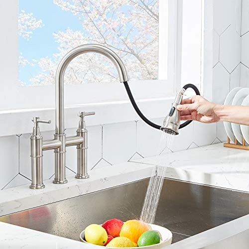SHACO Modern Commercial Two Handle Solid Brass Pull Down Brushed Nickel Bridge Kitchen Faucet,3 Hole Traditional Country Heritage Faucets for Kitchen Sinks with Pull Down Sprayer