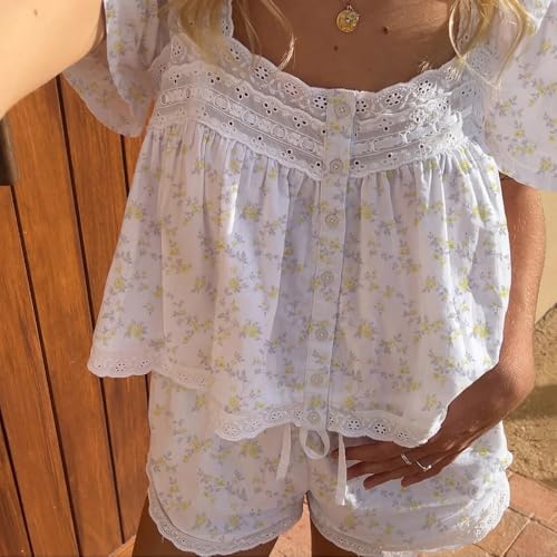 Image of ROAONOCOMO Women Floral Pajama Set Ruffle Puff Sleeve Peplum Shirt Coquette Pj Set Bow Babydoll 2 Piece Shorts Outfit