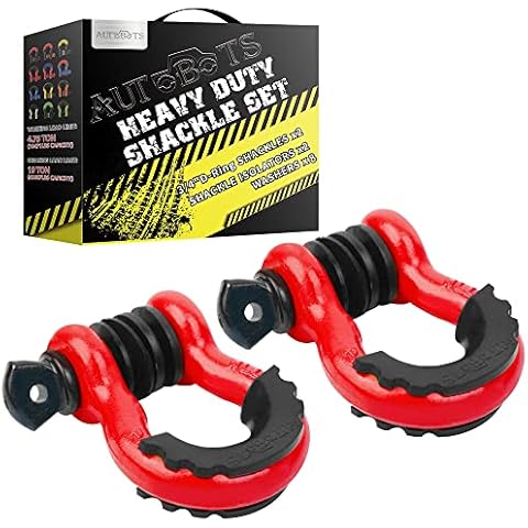 AUTOBOTS Shackles 3/4" (2 Pack), D Ring Shackle 45,000Ib Max Break Strength with 7/8" Pin & Isolator Washers Heavy Duty Clevis Tow Shackle for Tow Strap Jeep Vehicle Off Road Recovery Red-Black Cover