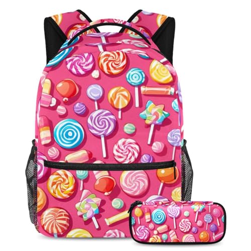 Sac à dos avec trousse motif bonbon rose multicolore pour la rentrée scolaire des étudiants
