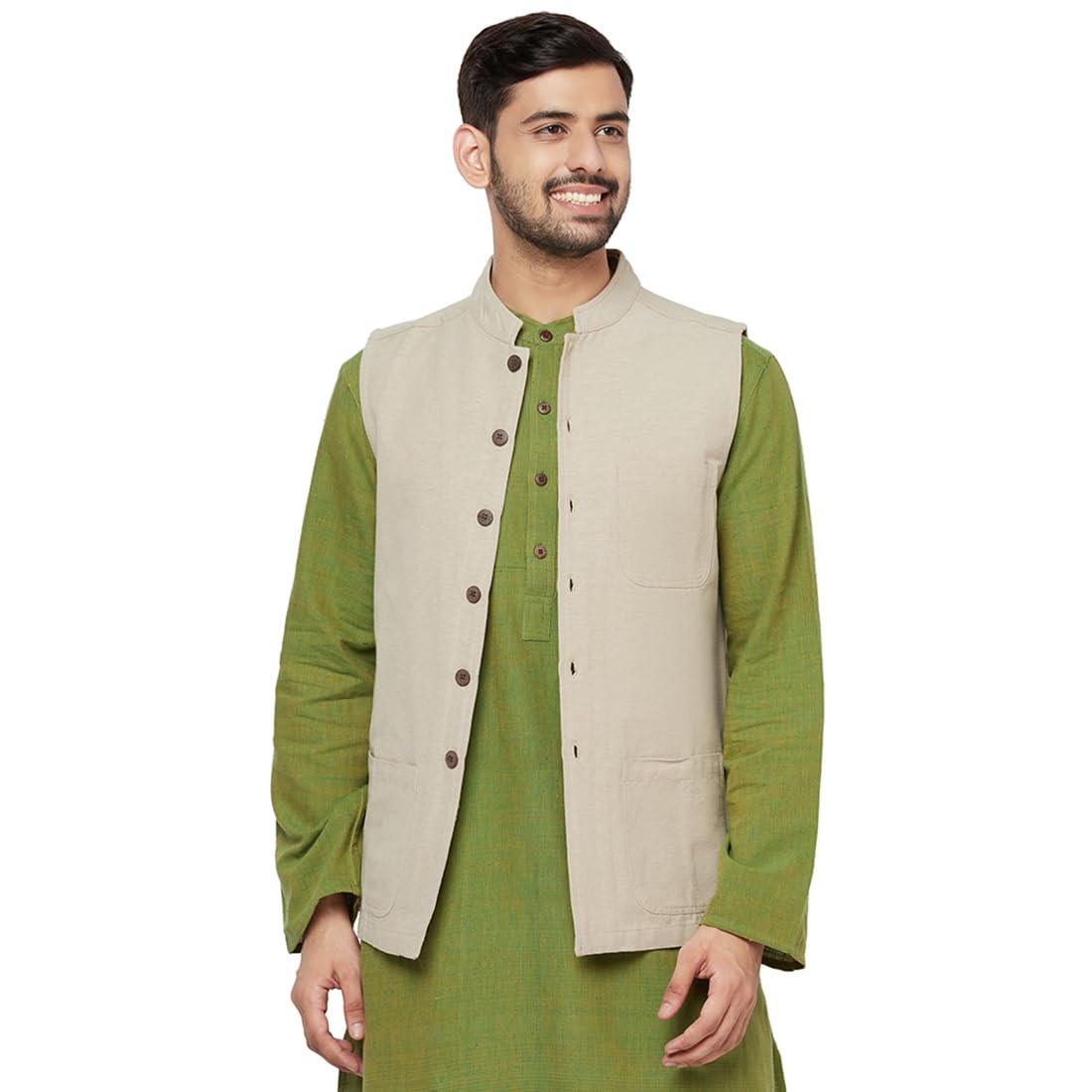Fabindia Men's Beige Cotton Bhagalpur Chinese Collar Nehru Jacket (101782703