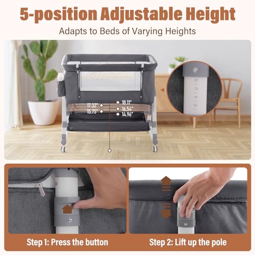 Jaoul 4 in 1 Baby Bassinet Bedside Sleeper Baby Crib, Adjustable Cosleeper for Baby, Easy Folding Portable Baby Bed Rocking Bassinets with Comfy Mattress Mosquito Net Storage for Infant Newborn Gray