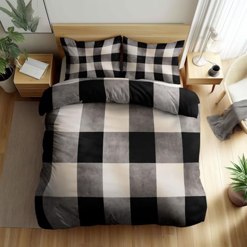 Funda Nordica Cama 90 Patrón Geométrico De Cuadros En Blanco Y Negro Juego de Cama, En Blanco Y Negro 150 x 200 cm Suave y Antialérgico con Cremallera Funda Edredon