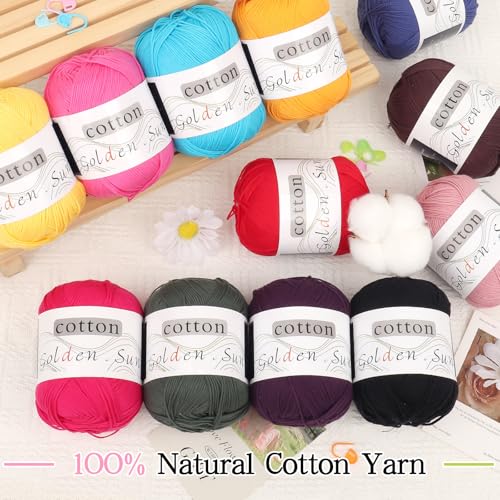 Image of Katech 1OO% Cotton Yarn for Crocheting-12 * 45g /175yd, Baby Cotton Yarn Set | 2 Sport Weight-Soft & Breathable, Multicolor Yarn for Summer Clothes, Rainbow Afghans-Starter Kit for Beginner & Crocheter(A)