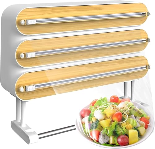 Image of DOCAT Foil Paper Cutter and Holder, 3 in 1 Magnetic Aluminum Foil and Plastic Wrap Organizer with Paper Towel Holder, Compatible with Cling Film, Tin Foil and Wax Paper (4 in 1 Wooden)
