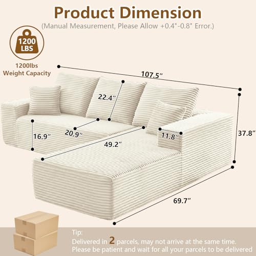 Image of 107 inch Cloud Sectional Couch with L-Shape Chaise, Modern Modular Comfy Sofa Chaise Longue, Upholstered Corduroy Couches Sleeper with Deep Seat for Living Room Bedroom, No Assembly Required, White