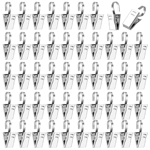 Vorhang Clips, Edelstahl Gardinen Clips, Metall Gardinen Klammern mit Haken für Vorhänge Duschvorhang Fotos Lichterketten Hängende (50, Silber)