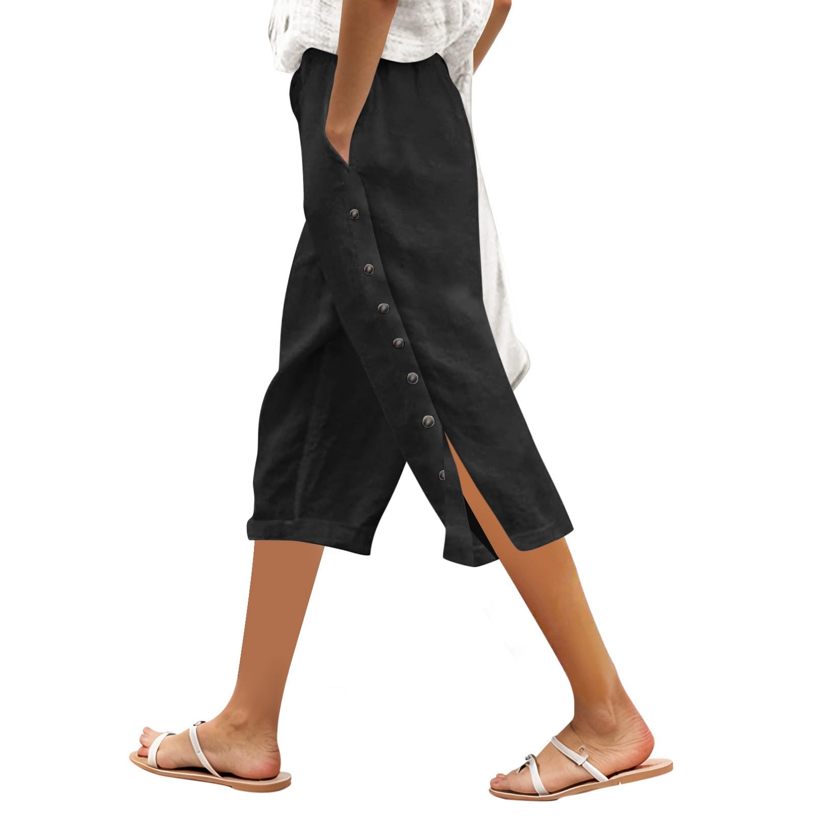 Tear Away Pants for Women Side Snap Button Capri Sweatpants Casual Loose Fit Fashion Lightweight Capris with Pockets