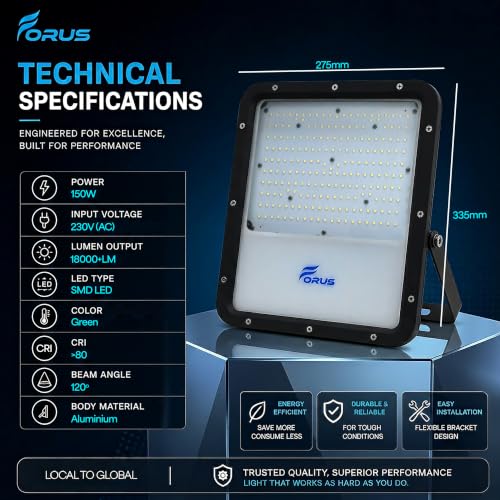 Image of Forus 150W Green Color Flood Light Outdoor LED Waterproof Decorative Focus Lamp for Home Garden Events Security Terrace Landscape Pathway Building Festival Stage Party Celebration Lighting - 1 Pc