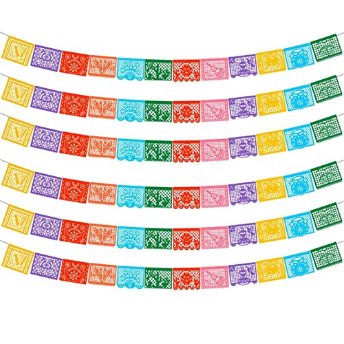6 Packs Mexican Banners 132 Ft(22ft x 6) Papel Picado Banner, Large Plastic Mexican Fiesta Banners Cinco de Mayo Party Fiesta Decorations Mexican Themed Birthday Party Supplies 12 Patterns with String