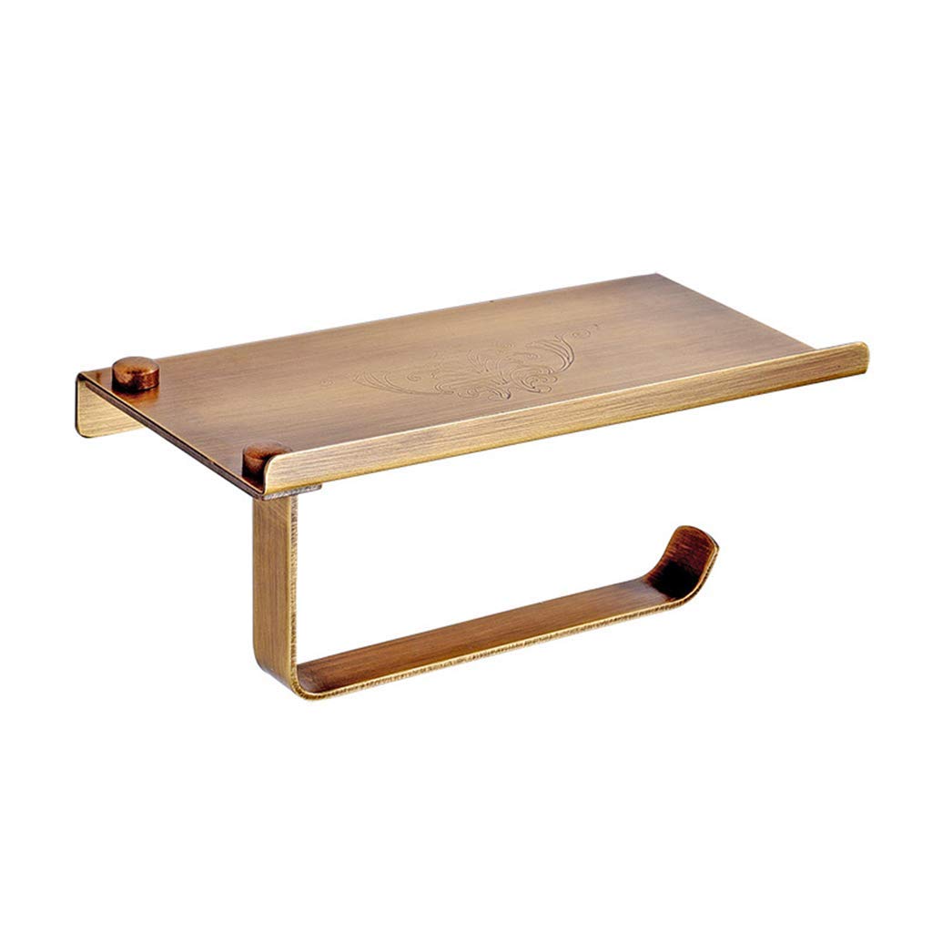 GFFTYX Wall Mounted Antique Brass Toilet Paper Holder with Phone Shelf, Bathroom Tissue Storage Stand, 18×9.5×8 cm