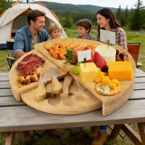 Miniatura 5 de Yeenaiv Set Tabla De Queso Y Cuchillos Palé De Madera, Plato Giratorio Redondo Para Queso Juego De Tabla Para Aperitivos Multiusos, Bandeja Madera Decorativa Adecuado Para Exteriores Idea Regalo
