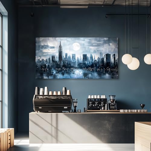 SERIMINO New York Skyline Wall Art Prints, City Night Landscape Large Canvas Painting, Abstract Urban Architecture Aesthetic Wall Pictures for Living Room Bedroom, Modern Office Decorations 30X60 Inch