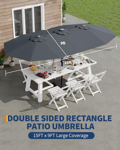 Large Patio Umbrella with Base Included, Double-Sided Rectangle Market Umbrella with Cross Base and Sandbag for Pool Lawn Garden (Grey, 15FT)