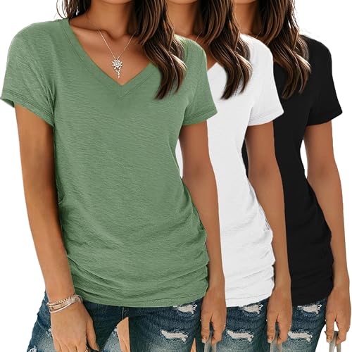 YGOODM Tshirt Damen Sommer Kurzarm V-Ausschnitt T-Shirt 3er Pack Basic Casual Oberteile Shirts Bluse
