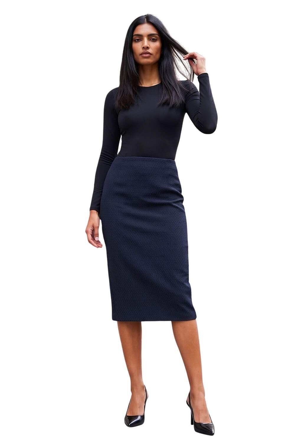 Roman Women's Navy Textured Elastic Waist Pencil Midi Skirt In | : Size 18
