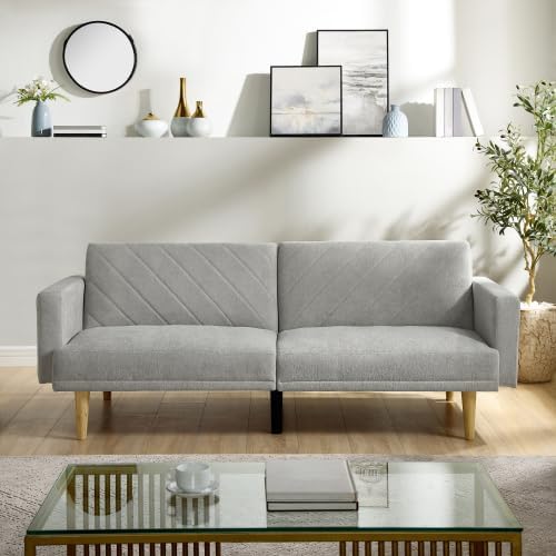 Multi-Functional Futon Sofa Bed - Tapered Wood Legs, Ideal for Small Living Rooms, Converts to Single Bed, Multi-Color Fabric Options, Grey - Comfortable and Space-Saving Furniture for Apartments