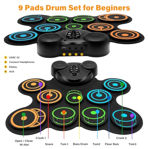 Image of Portable Electronic Drum Pad Set for Kids - 10 Pads Roll up Drum Practice Pad with Pedals & Stick, Headphone, Musical Instruments for Kids Age 6-9, Great Holiday Christmas & Birthday Gift