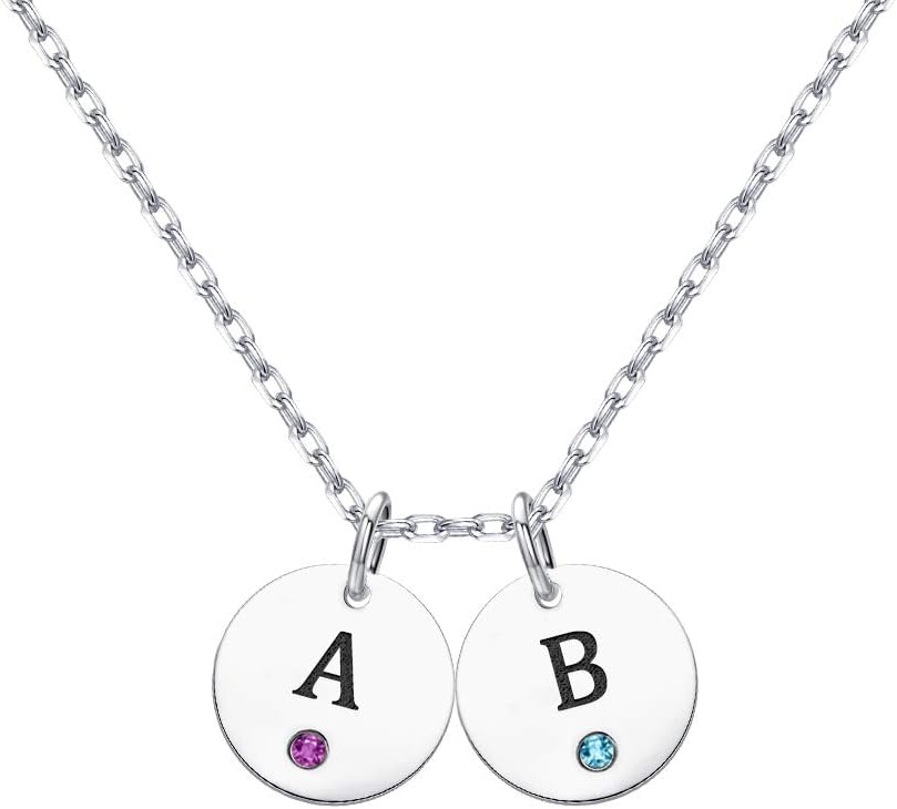 Personalized Initial Necklace, Custom Alphabet Disc Charm Necklace with Birthstone, Sterling Silver Dainty Gift for Mother Bridesmaid