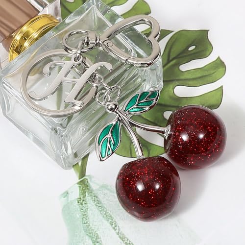 Heart-Shaped Keychain with Initial A-Z and Cherry Charm Bag Charms for Women,Car Accessories