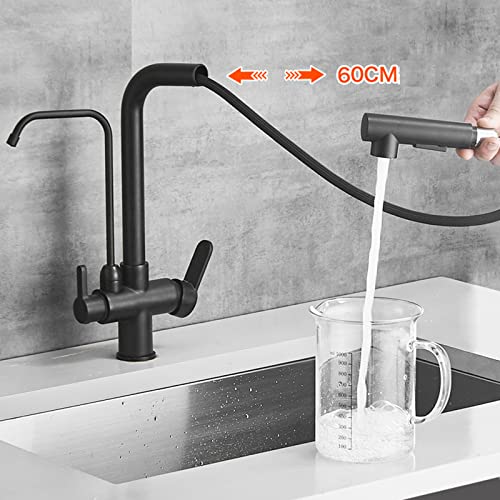 Grifo de cocina de 3 vías en latón negro con agua pura y rociador extraíble antienredos 3