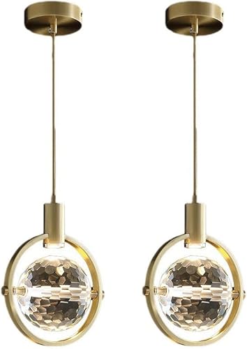 2 Pack Pendant Lights, Mid Century Globe Crystal Ceiling Hanging Lighting with Metal Decoration, Adjustable Height Neutral Light Chandelier for