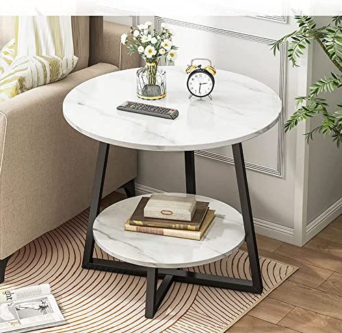 Image of Al Hama Coffee Table 2 Tier Round Tea Marble Pattern Table Modern Side Tables Sofa Table with Metal Frame Light End Tables for Living Room-White-Black