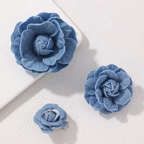 Image of 3Pcs Dainty Flower Brooches for Women Large Blue Camellia Flower Brooches 35MM 50MM 65MM Denim Fabric Floral Lapel Pin Banquet Clothes Jewelry Presents