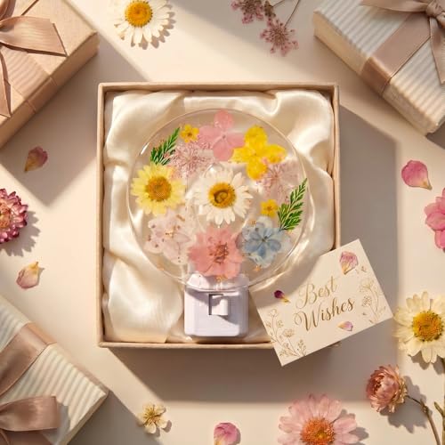 Image of Glooglitter Pressed Flower Night Light Plug in-Handmade Dried Floral Wall Night Light, Soft Glow Decorative Nightlight for Hallway Bedroom Nursery Bathroom, Vintage Botanical(Fresh Color,Flower)