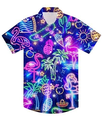 Neon Palm Trees Hawaiian Shirts for Boy 13-14 Years Boy Cool Neon Palm Trees Short Sleeves Button Down Boys Hawaiian Luau Shirts Size 13 14 Young Teen Boys Beach School Casual Hawaii Shirt