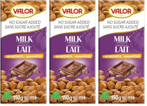 Valor - Chocolate con Leche y Almendras Mediterráneas Enteras. 0% Azúcares añadidos. Sin Gluten. Chocolate Valor Suave Edulcorado con Stevia - 150 Gramos (Paquete de 3)