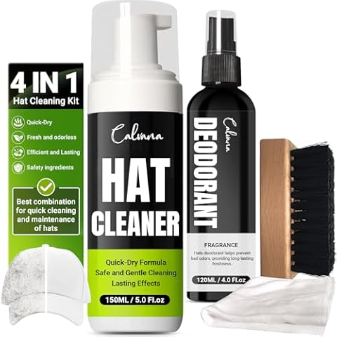 Calvana 4-in-1 Professional Hat Cleaning Kit, Quick-drying Cap Saver Cleaner, for Baseball Caps,Cowboy Hat, Felt Hat, Safe for Cotton, Wool, Polyester, 5oz Solution, Includes Towel and Brush Cover