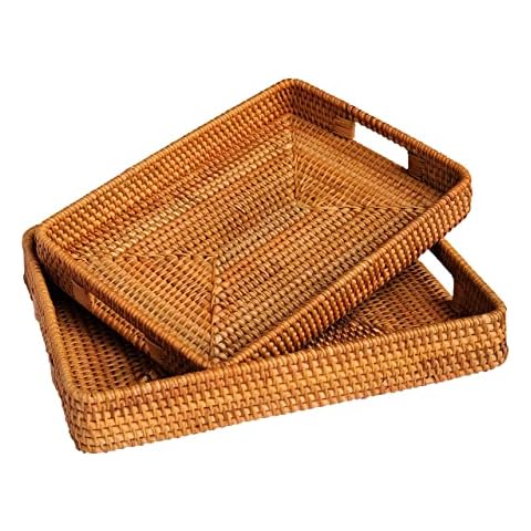 Rectangular Christmas Serving Tray | Set of 2 | Handmade Woven Rattan Storage Basket | Decorative Coffee Tabletop Tray | Boho Flat Bathroom Organizer - (L- 15.4"x2.4" M- 13.7"x 2") Cover