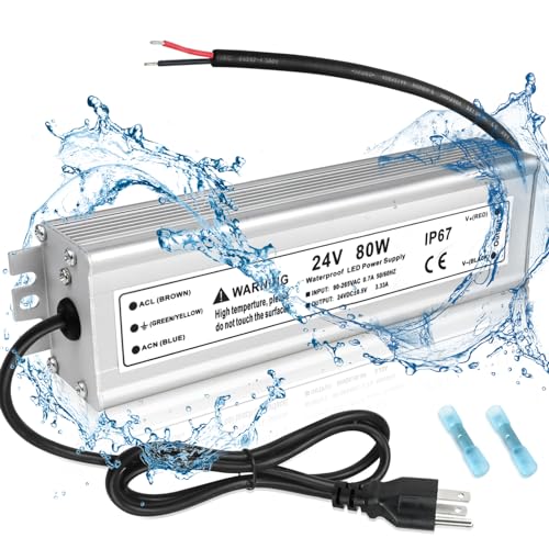 Image of 24V LED Power Supply, 3.3A 80W LED Driver Waterproof IP67, 90-265V AC to 24V DC Power Supply Converter, Low Voltage Transformer for LED Lights Indoor Outdoor Use