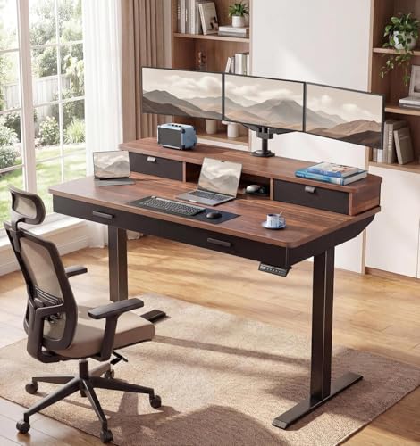Image of HUANUO 48 x 30 inch Electric Standing Desk with 4 Drawers, Adjustable Height Sit Stand Home Office Desk with Two Tiers, Ergonomic Adjustable Stand up Desk C-Clamp Monitor Mount Compatible, Walnut