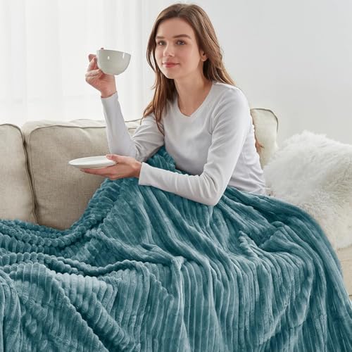 Image of Nestl Blue Throw Blanket for Couch - Cozy Warm Fuzzy Blankets for Women, Set of 2 Small Fleece Throws for Girls - Stone Blue, 50 x 60 Inches