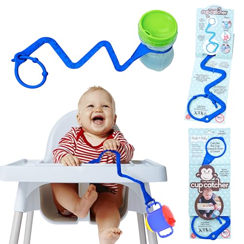 Image of Brilli Baby Cup Catcher Patented Safety Tether Strap, Attach Sippy Cups, Bottles, Pacifiers & More to Stroller, High Chair, Car Seat, Made in USA, Food Grade, Dishwasher Safe (Navy)