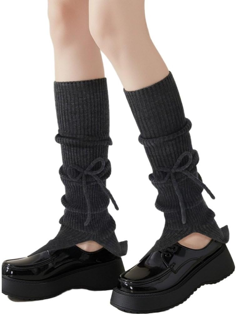 Women Fashion Ribbed Knitted Solid Color Cute Bow Decoration Split Warm Leg Warmers