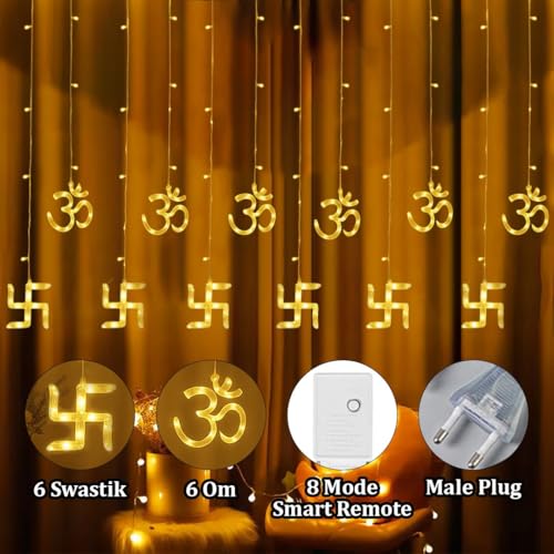 Image of fizzytech Om Swastik Curtain String Lights with 8 Lighting Modes, Warm White Decorative Hanging Fairy Lights for Home, Temple, Diwali, Christmas, Bedroom, Window & Party Decoration