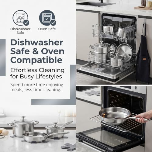 Image of Stainless Steel Cookware Set, 16-Piece Pots and Pans Set Non Toxic, Kitchen Induction Cookware with Glass Lids, Steamer, Utensil Sets, Pot Protectors & Apron, Oven & Dishwasher Safe, Silver