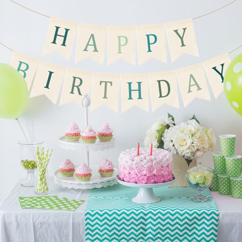 Image of Doumeny Happy Birthday Burlap Banner Boho Birthday Banner Garland Neutral Green Bohemian Party Bunting Flag Colorful Happy Birthday Sign Hanging Garland for Home Fireplace Nursery Party Backdrop Decor
