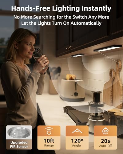 Image of EZVALO 8 inch Under Cabinet Lighting, 2400mAh USB-C Rechargeable Motion Sensor Light, 3 Color Temps, 5-Level Dimmable Magnetic Wireless Closet Lights for Kitchen, Pantry, Stairs (2 Pack)