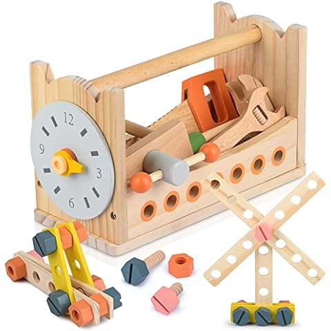 medoga Wooden Tool Toy Toolbox Toddler Educational Construction Kids Toys Play Accessories Set Toddler Toy Set for Boys and Girls (Tool Basket) Cover